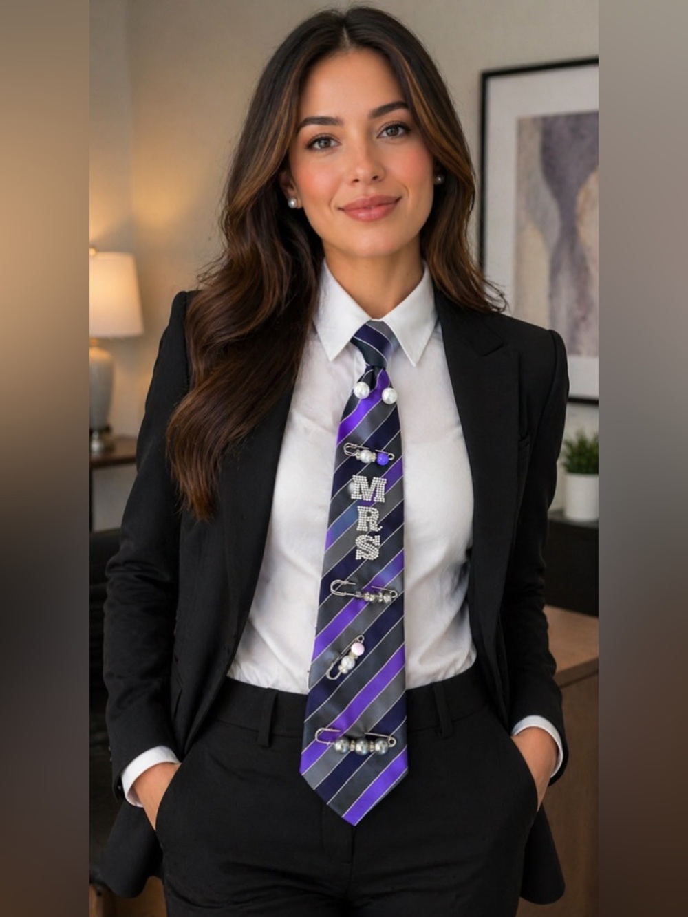 Upcycled easy clip on Striped Purple striped women’s Tie
